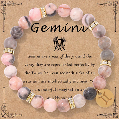 MHS.SUN 12 Star Zodiac Sign Pink Zebra Stone Beaded Bracelets Constellation Fashion Birthday Party Jewelry For Women Men
