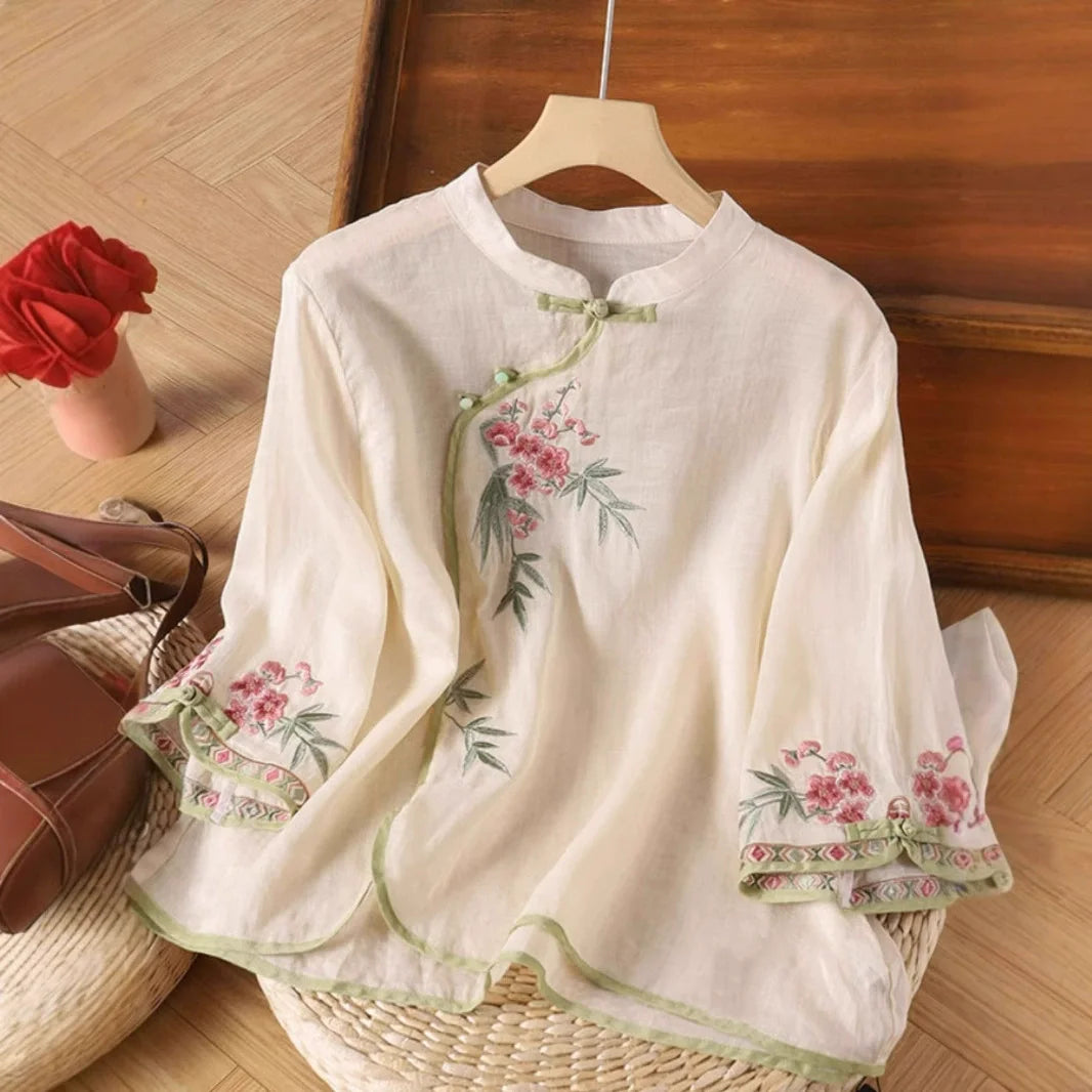 Casual Loose Blouse Shirt Women Clothes Summer Cotton Linen Ladies Tops Tee Blusas Vintage Embroidery Woman Shirt Camiseta Mujer