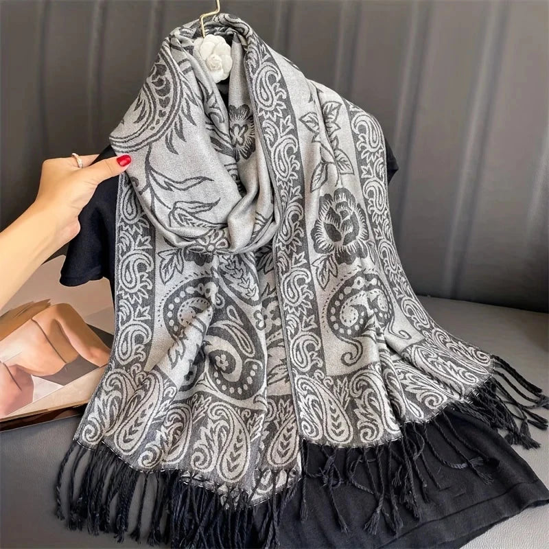 Women National Style Flower Pattern Scarf Jacquard Pashmina Cashmere Tassel Classic Shawl Coldproof Warm Neck Protection