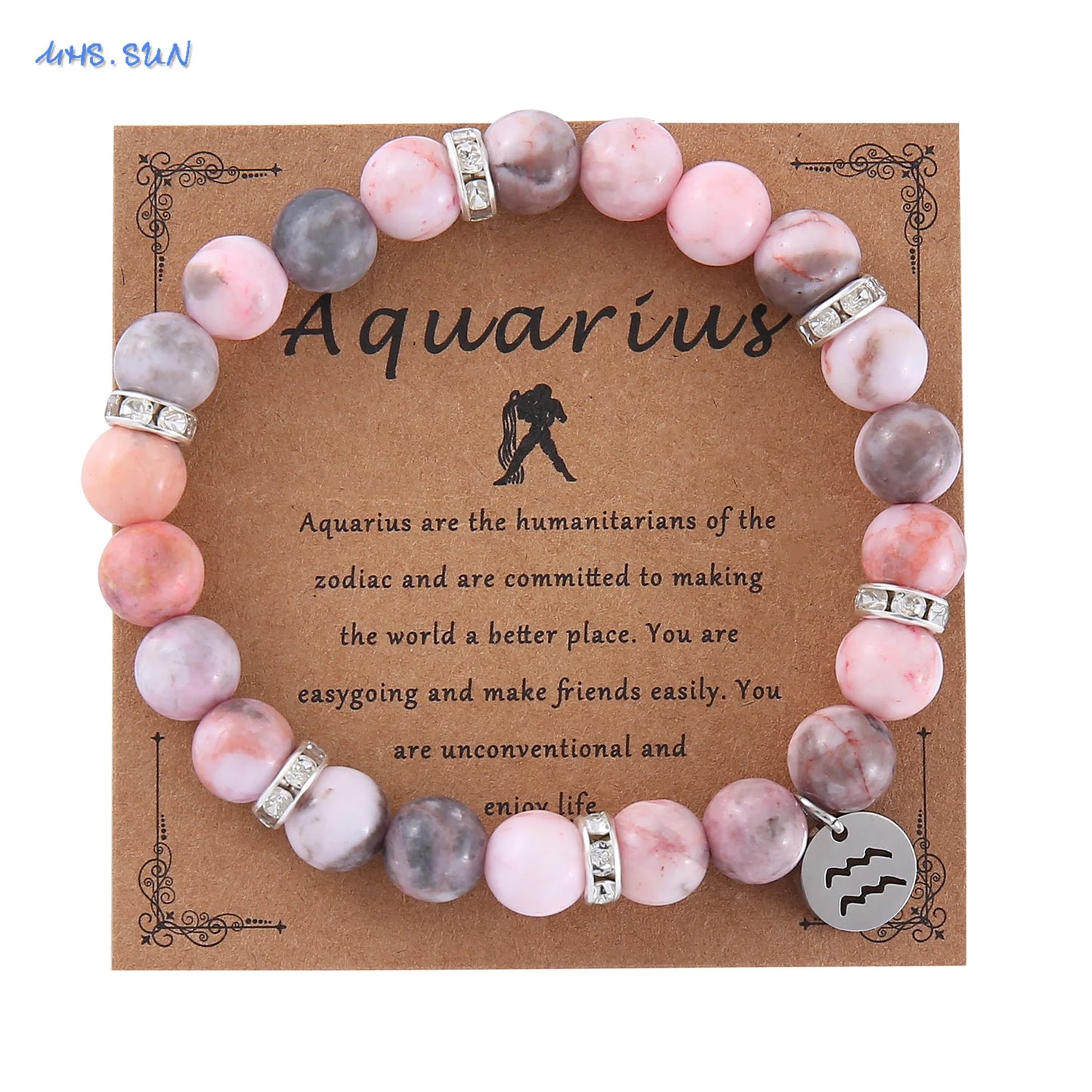 MHS.SUN 12 Star Zodiac Sign Pink Zebra Stone Beaded Bracelets Constellation Fashion Birthday Party Jewelry For Women Men