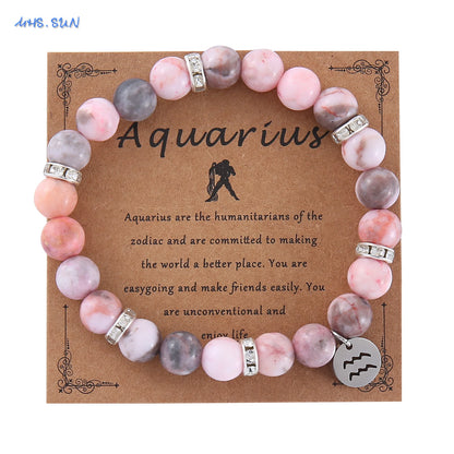 MHS.SUN 12 Star Zodiac Sign Pink Zebra Stone Beaded Bracelets Constellation Fashion Birthday Party Jewelry For Women Men