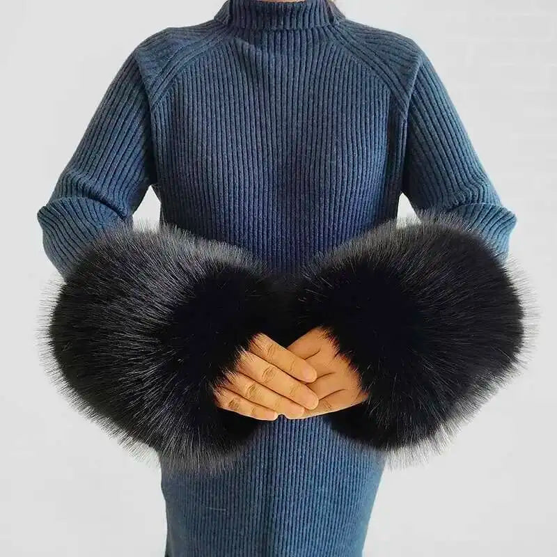 Large Winter Faux Fox Fur Scarf Women Jackets Warm Fluffy Shawl Fashion Artificial Fur Collar And Cuff Set Fluffy Scarves Female