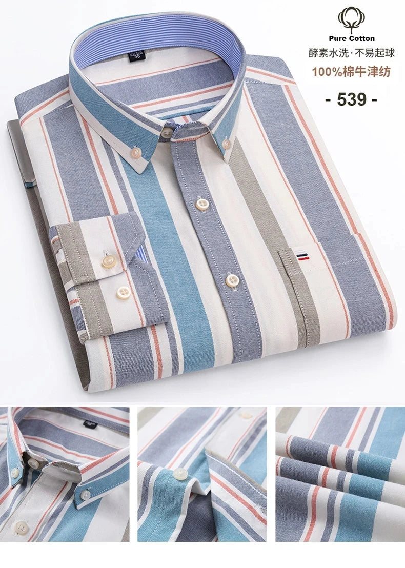 100% Cotton Oxford Men's Shirts Long Sleeves Plaid Soft Regular Fit Formal Dress Shirt Pocket Social Blouse Male Clothes S-7XL