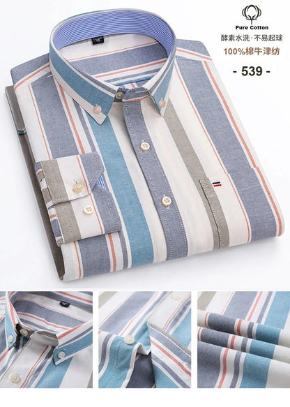 100% Cotton Oxford Men's Shirts Long Sleeves Plaid Soft Regular Fit Formal Dress Shirt Pocket Social Blouse Male Clothes S-7XL