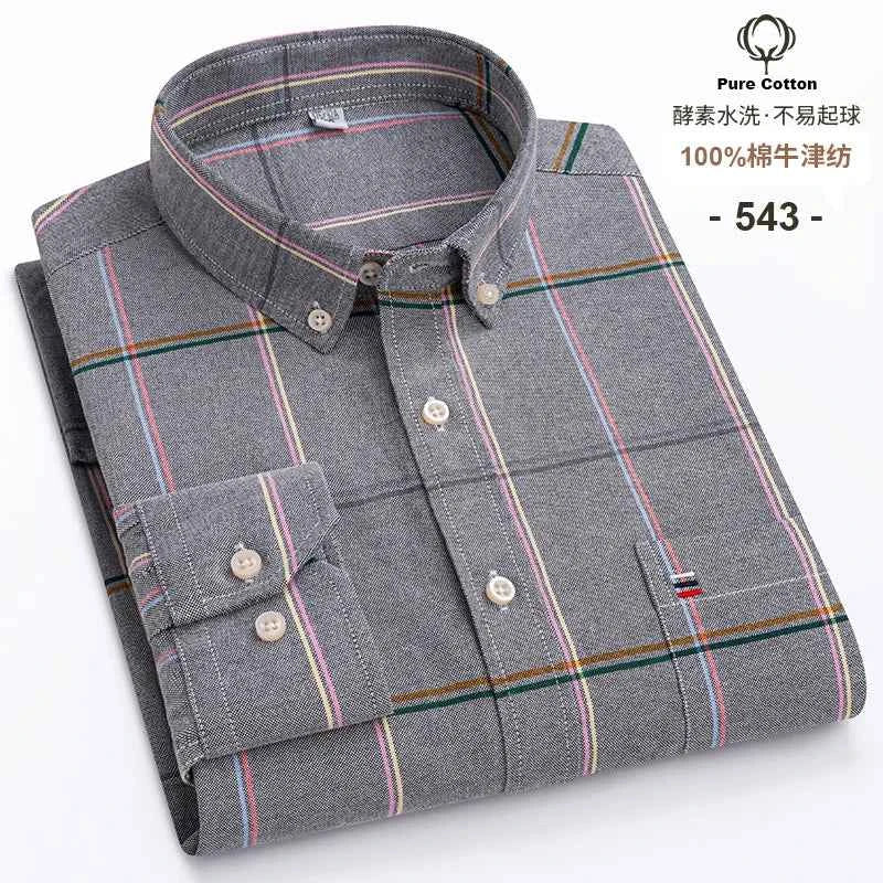 100% Cotton Oxford Men's Shirts Long Sleeves Plaid Soft Regular Fit Formal Dress Shirt Pocket Social Blouse Male Clothes S-7XL