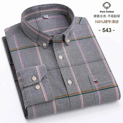 100% Cotton Oxford Men's Shirts Long Sleeves Plaid Soft Regular Fit Formal Dress Shirt Pocket Social Blouse Male Clothes S-7XL