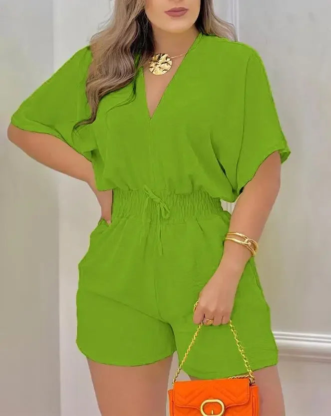 Summer Fashion Jumpsuit Women 2024 Batwing Sleeve Shirred Waist Casual Plain V-Neck Short Sleeve Above Knee Romper Streetwear - AMULET RING STORE