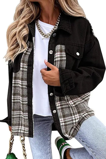 Autumn and Winter Long Sleeved Plaid Color Block Shaking Button Shirt Collar Denim Jacket for Women - AMULET RING STORE
