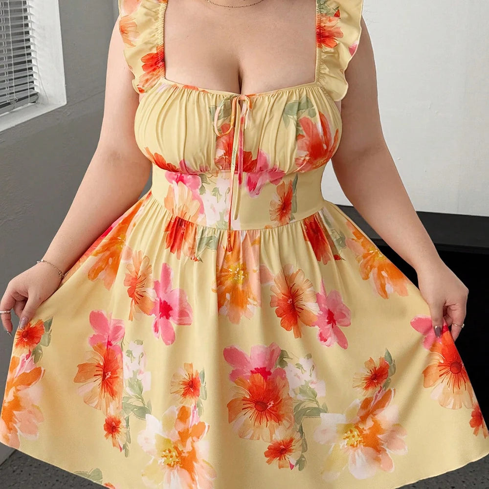 Plus Size Fly Sleeve Flower Chest Cup Dress A Hem Short Dress Printed Beach Square Neck Casual