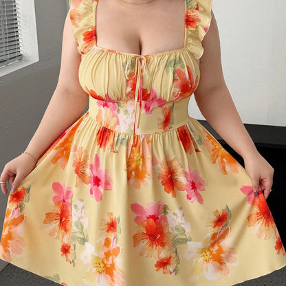 Plus Size Fly Sleeve Flower Chest Cup Dress A Hem Short Dress Printed Beach Square Neck Casual