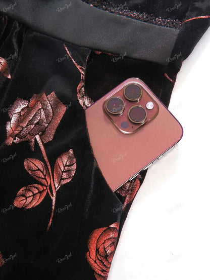 ROSEGAL Plus Size Gilding Rose Lace Up Velvet Sleeveless Swing Dress Women Summer Casual Knee-Length Dress Vestidos With Pocket