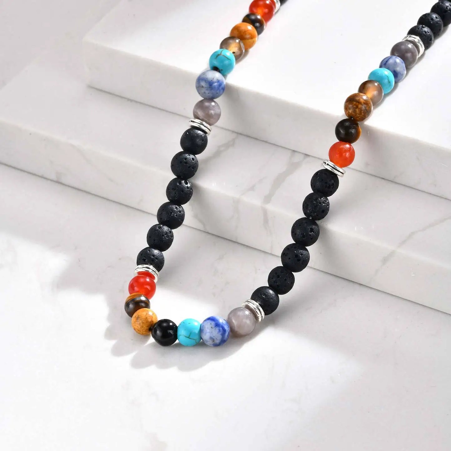 Vnox Volcanic Stone Bead Necklace for Men, Adjustable Stainless Steel Beaded Collar Chokers, Link Chain Jewelry Gift for Him New