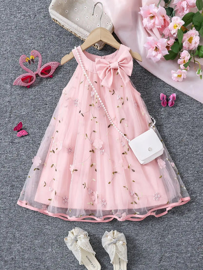 Girls summer fashion lady three-dimensional flower mesh bow decorative halter dress with bag