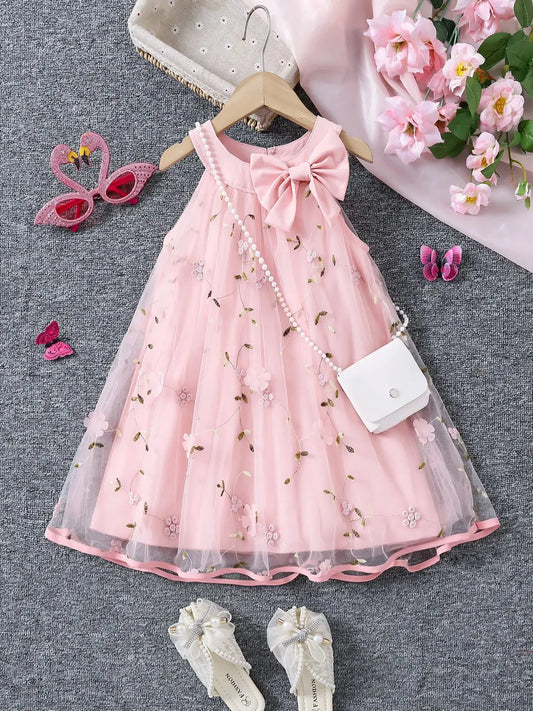 Girls summer fashion lady three-dimensional flower mesh bow decorative halter dress with bag