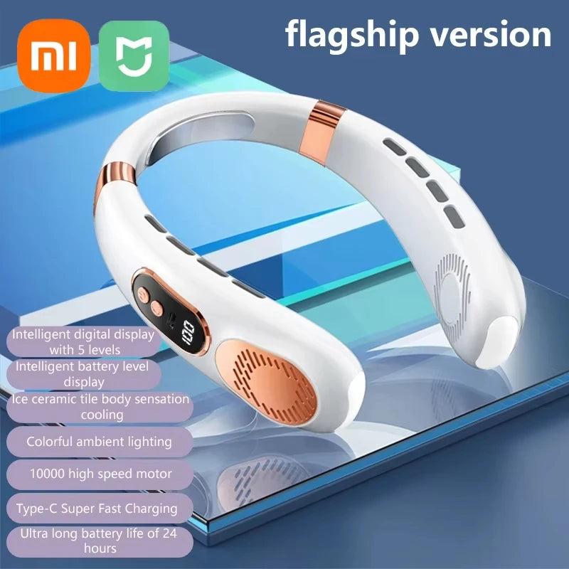 XIAOMI 2025 Neck Fan USB Rechargeable Cooling Fan 5 Speed Adjustable Neck Cooler Digital Display Bladeless Neckband Fan