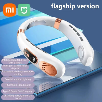 XIAOMI 2025 Neck Fan USB Rechargeable Cooling Fan 5 Speed Adjustable Neck Cooler Digital Display Bladeless Neckband Fan