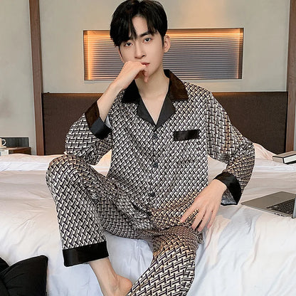 High Quality Pajamas Set Men Spring Autumn Thin Polyester Ice Silk Long-sleeved Sleepwear Plus Size Summer Home Clothes Male