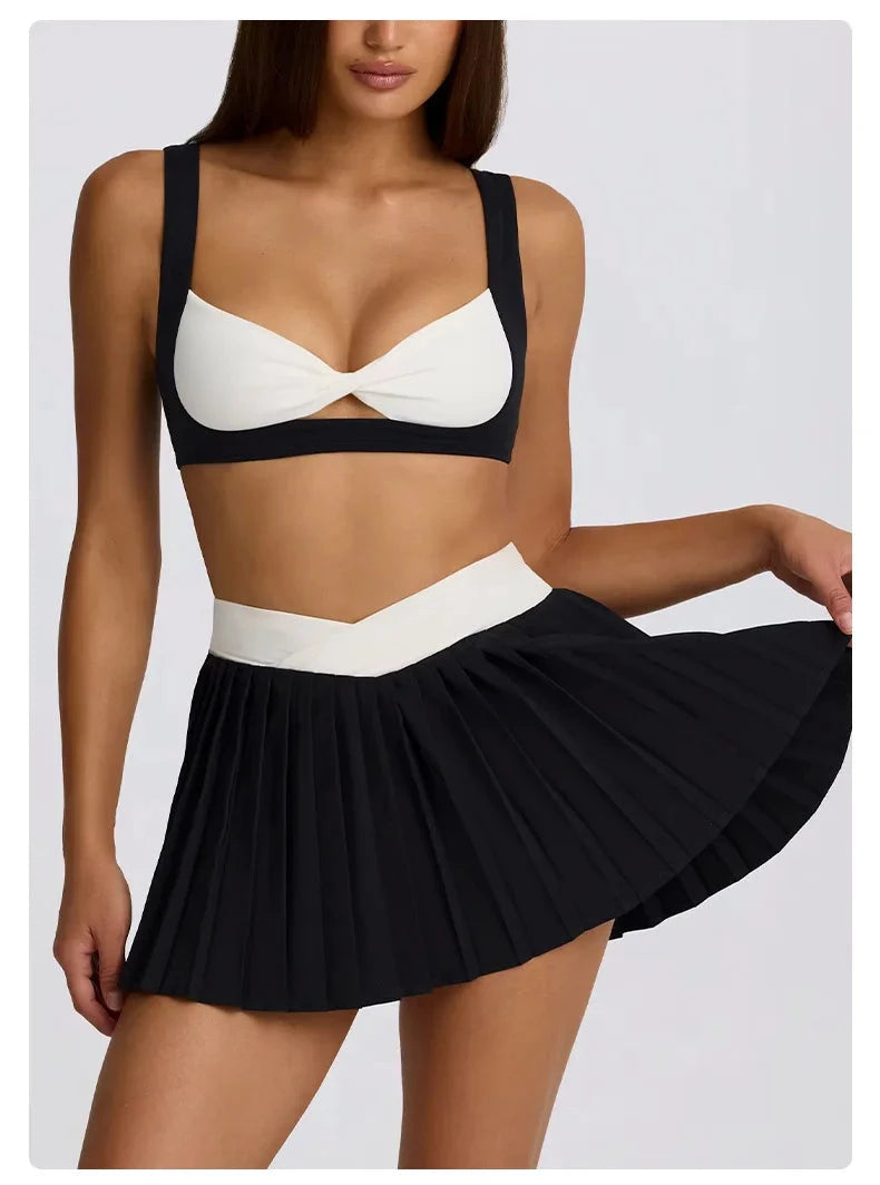 Sports Yoga Set 2 Pieces Women Tracksuit Sportswear Workout Running Clothing High Waist Short Skirt Sports Bra Athletic Wear