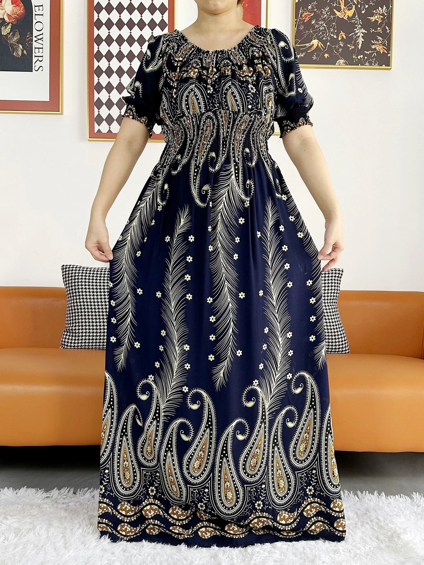 New Summer Women Abaya Short Sleeve Dashiki Floral Collect Waist Loose Maxi Robe Floral Femme Musulmane African Printing Abaya