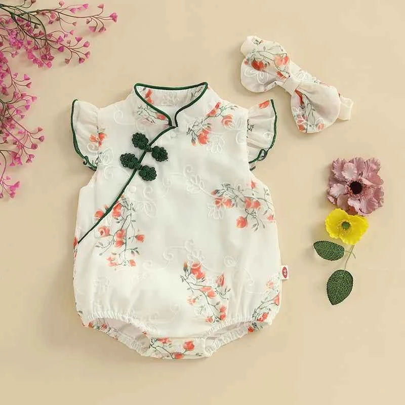 Toddler Girls Traditional Chinese Dress Set with Embroidered Floral Romper Matching Headband and Stylish Summer Outfit for a