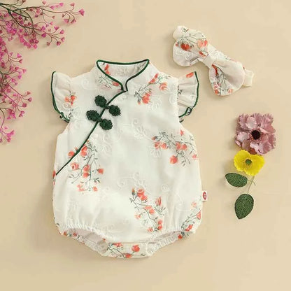 Toddler Girls Traditional Chinese Dress Set with Embroidered Floral Romper Matching Headband and Stylish Summer Outfit for a