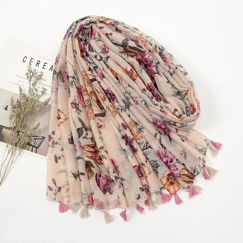 Fashion Printing Flower Tassel Shawl Cotton Viscose Scarf Women Beach Sunscreen Shawl Muslim Hijab Wrap Headscarf 180*90cm - AMULET RING STORE