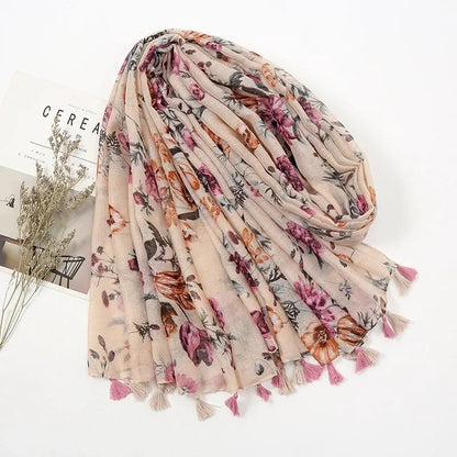 Fashion Printing Flower Tassel Shawl Cotton Viscose Scarf Women Beach Sunscreen Shawl Muslim Hijab Wrap Headscarf 180*90cm - AMULET RING STORE