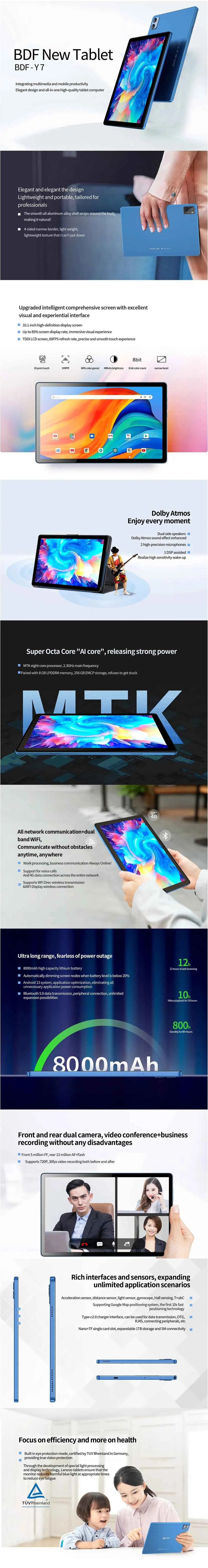 BDF-Y7 New 5G Pad 10.1 Inch Tablets Octa Core 8GB+256GB ROM HD Display Double SIM Dual Cameras Tablet Pc with Keyboard Mouse