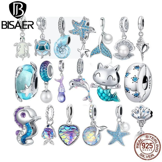BISAER 925 Sterling Silver Charm Ocean Style Fish Dolphin Mermaid Shell Blue CZ Bead For Necklace&Bracelet DIY Fine Jewelry Gift - AMULET RING STORE