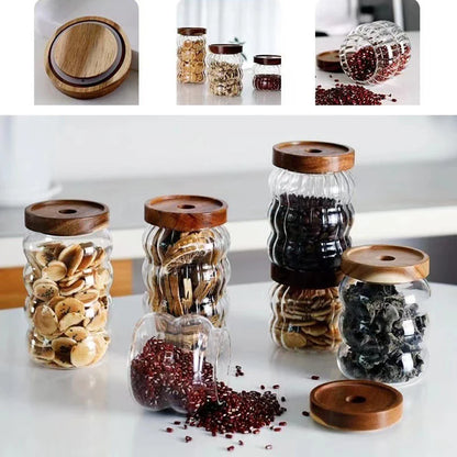 Wood Lid Striped Glass Storage Bottles Sealed Jar Tea Coffee Beans Grains Candy Jars Organizer Kitchen Food Glass Containers - AMULET RING STORE