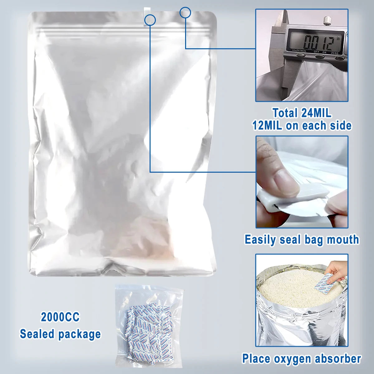 10pcs 5 Gallon Mylar Bags for Food Storage 12 Mil Thick Mylar Bags 5 Gallon with Oxygen Absorbers 2000cc Ziplock Resealable Bags - AMULET RING STORE