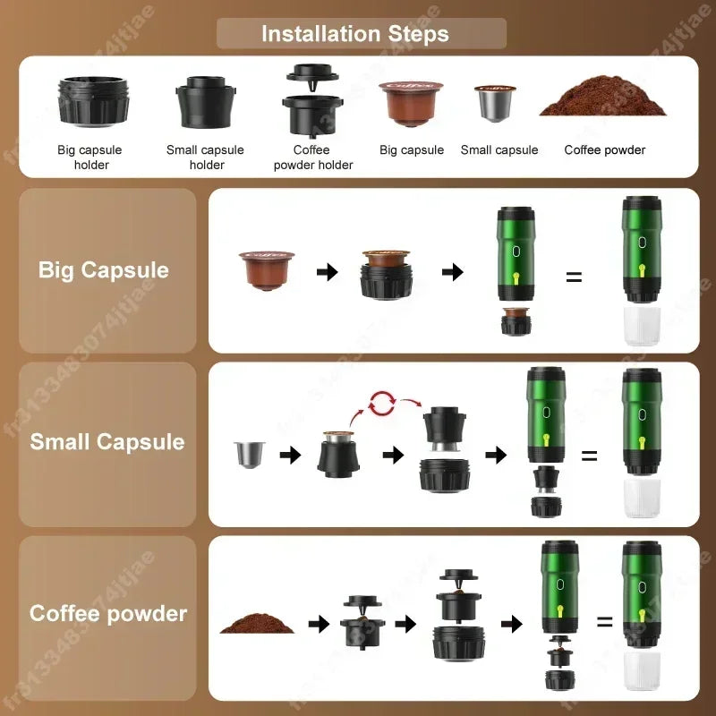 Electric Portable Coffee Machine Portable Italian Espresso Machine for Car & Home 3-in-1 Capsule Powder Travel Coffee Maker - AMULET RING STORE