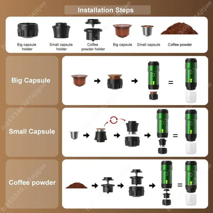 Electric Portable Coffee Machine Portable Italian Espresso Machine for Car & Home 3-in-1 Capsule Powder Travel Coffee Maker - AMULET RING STORE