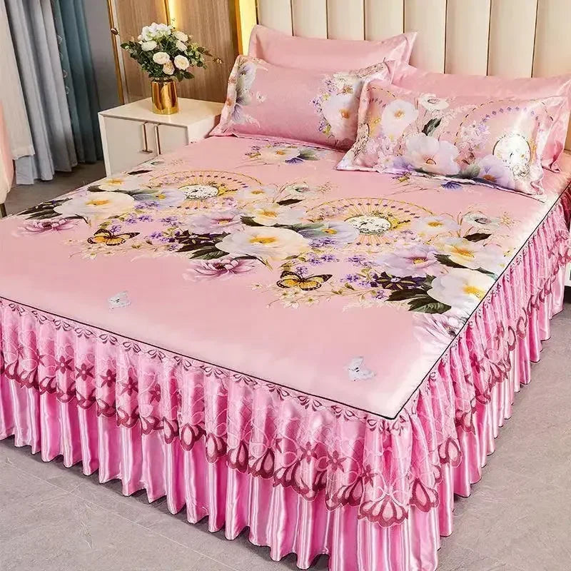 3Pcs/Lot Double Bed Sheet Set Classic Lace Royal Blue Bed Sheet Bed Skirt