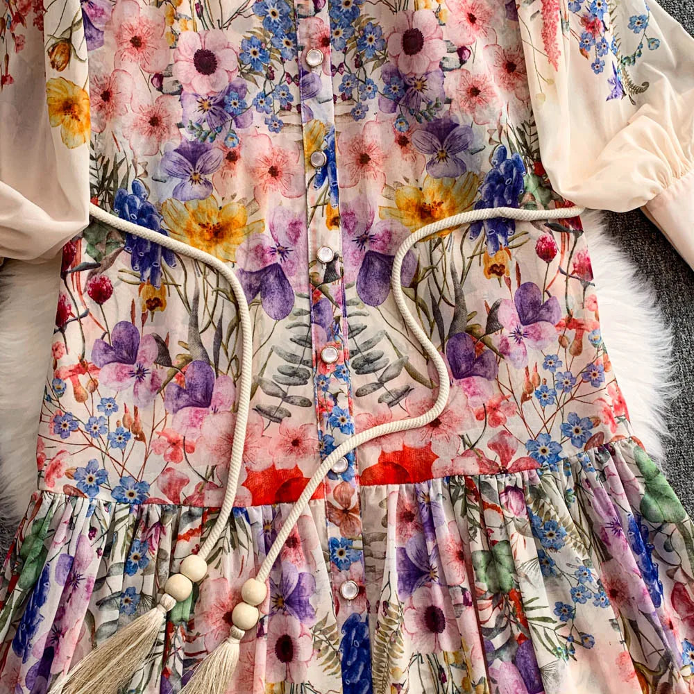 Faionable Print Long Dr Women's Spring Belted Waist Pleated Lantern Sve Turn-down Collar Dr Korean Sle Commute