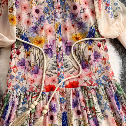 Faionable Print Long Dr Women's Spring Belted Waist Pleated Lantern Sve Turn-down Collar Dr Korean Sle Commute