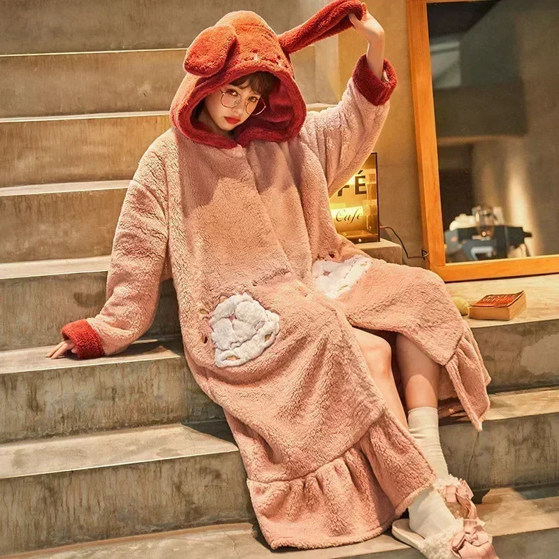 2024 Winter Pajamas For Women Cartoon Hooded Long Robe Strawberry Jacket Cute Home Wear Sleepwear Kawaii Flannel Warm Bathrobe - AMULET RING STORE