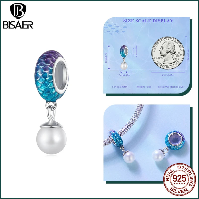 BISAER 925 Sterling Silver Charm Ocean Style Fish Dolphin Mermaid Shell Blue CZ Bead For Necklace&Bracelet DIY Fine Jewelry Gift - AMULET RING STORE
