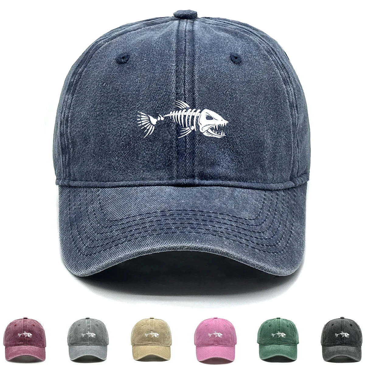 White Fish Bones Print Adjustable Retro Baseball Cap Woman's Cap Distressed Fashion Snapback Caps Ideal Choice For Women & Men - AMULET RING STORE
