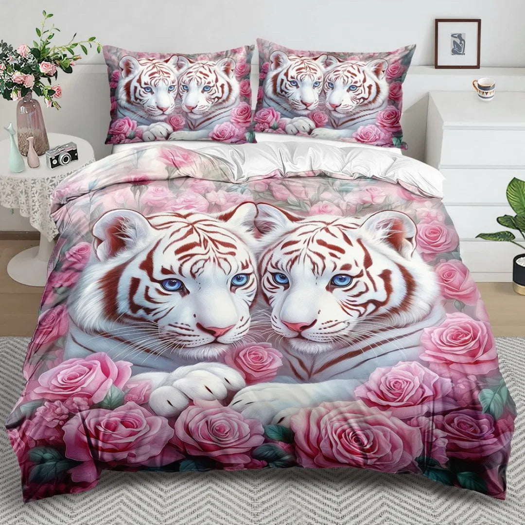 3pcs Fashion Bedding Set Tiger Pink Rose Digital Print Comfortable Breathable Duvet Cover King Queen Twin Single Size for Gift