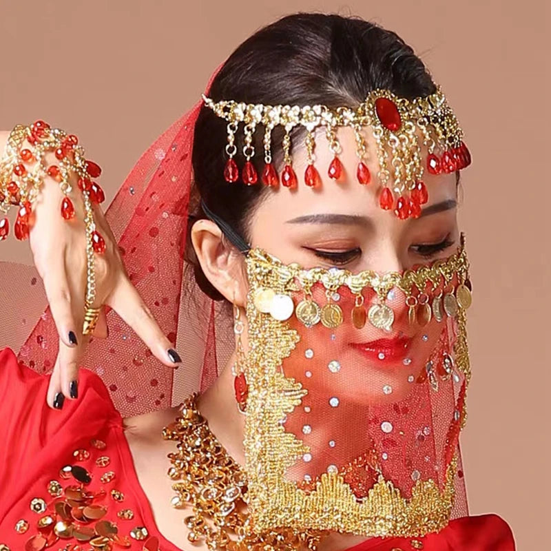 Children Womens Belly Dancer Coins Face Veil Indian Classical Bollywood Dress Girls Belly Dance Stage Performance Accessories - AMULET RING STORE