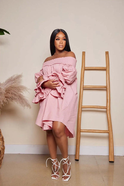 CM.YAYA Chic Women Cascading Ruffles Petal Off Shoulder Long Sleeve Smock Dress 2022 Big Swing Loose Blouse Sundress Vestidos - AMULET RING STORE