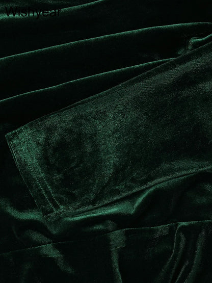 Elegant Women Velvet Off Shoulder Long Sleeve Ruched Split Mermaid Dress Luxury Wedding Evening Birthday Party Festival Vestidos - AMULET RING STORE