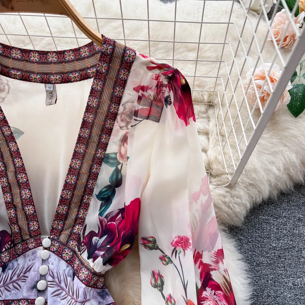 Women Deep V-Neck Bohemian Style Dress Spring Summer Runway Long Sleeve Casual Floral Print Ruffles Sweet Cascading Vestidos