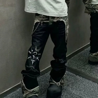 American Street Vintage Washed Camouflage Stitching Jeans Men And Women Y2K High Street Hip Hop Straight Baggy Slim Pants Tide