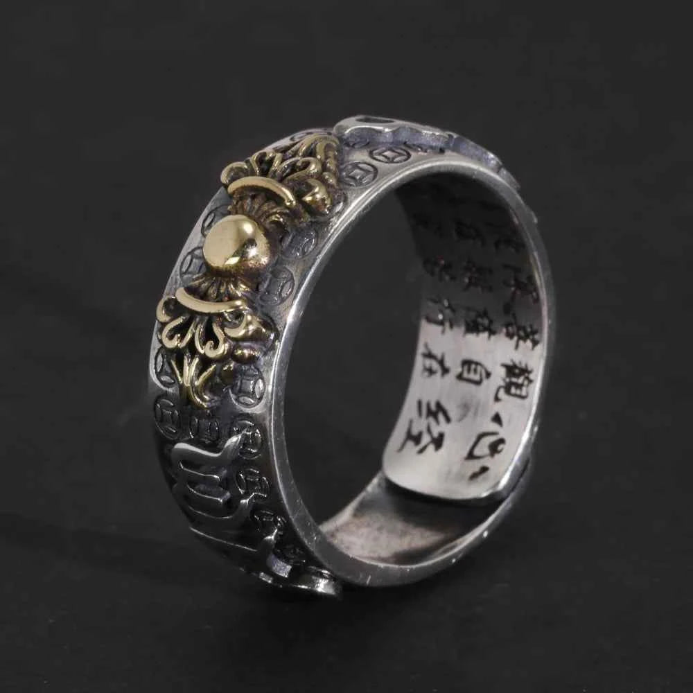Vintage Pure Silver 999 Six Words Heart Sutra Ring Men's Adjustable Golden Pixiu Vajra Buddhist Religious Fine Jewelry