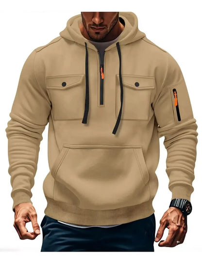New autumn and winter men's hooded sweatshirt with multiple pockets, long sleeved hooded wool top, men's casual sports jacket