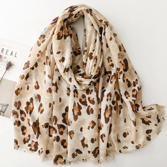 88*180cm Leopard Print Women Viscose Scarf Summer Beach Shawl Cotton Linen Feeling Tassel Pashmina Muslim Hijab Wrap Lady