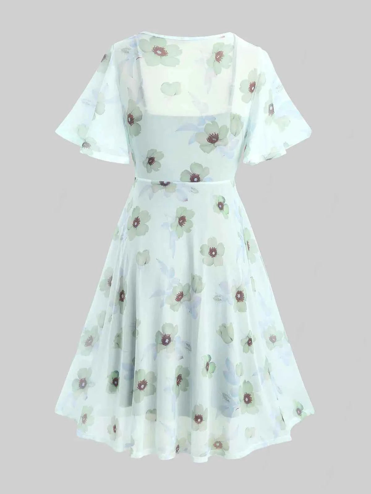 ROSEGAL Plus Size Flutter Sleeves Floral Dress and Lace-up A Line Cami Dress Set