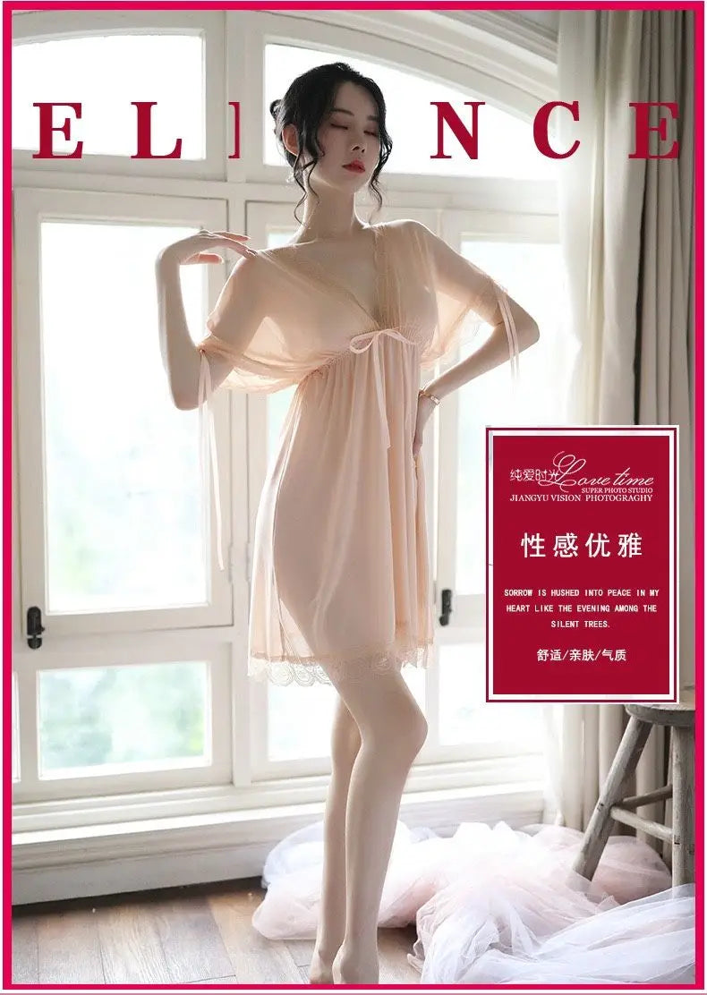 Sexy Sleepwear Women V-neck Nightgown Sexy Nightdress Lace Mesh Pajama Loungewear Summer Dress Nightwear Night Wear